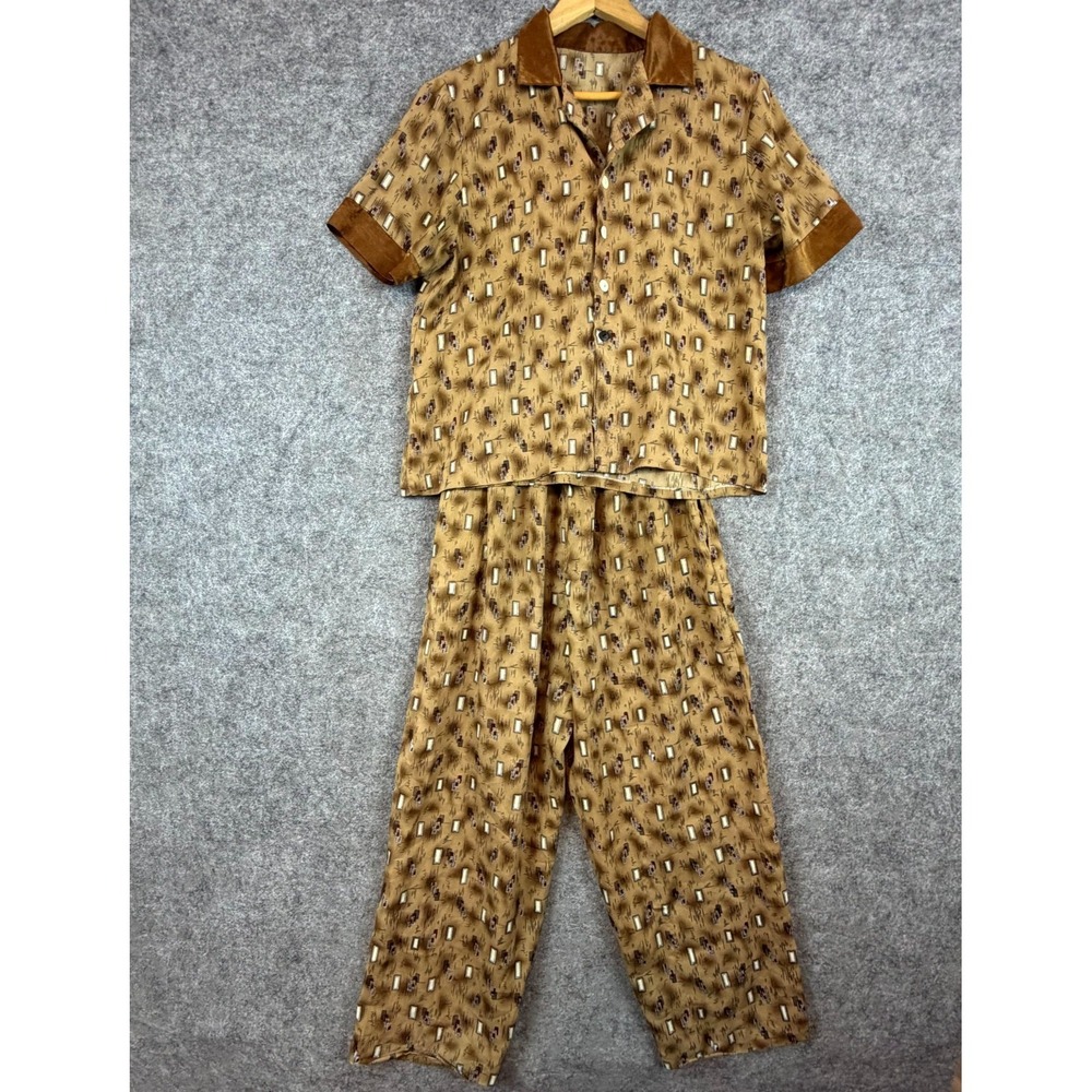 Womens 2 Piece Pajama Set Brown Geometric Print Button Up Short Sleeve Pull On